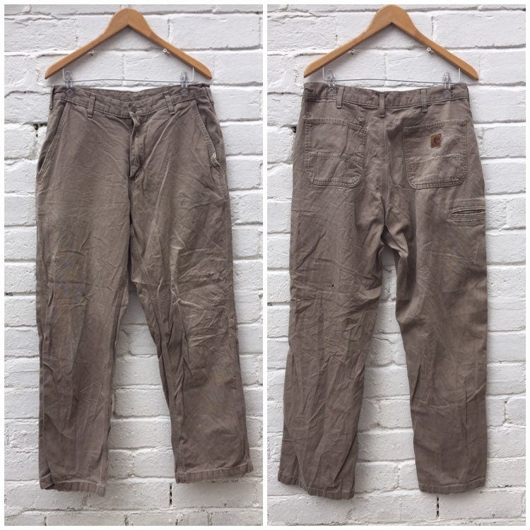 Vintage 90s Carhartt beige carpenter work pants distressed worn size W34 x L32