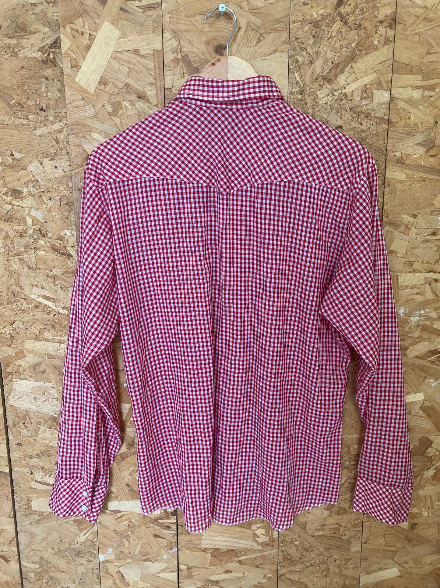 Vintage 70s Wrangler red fine check cheesecloth western cowboy cotton check shirt size large