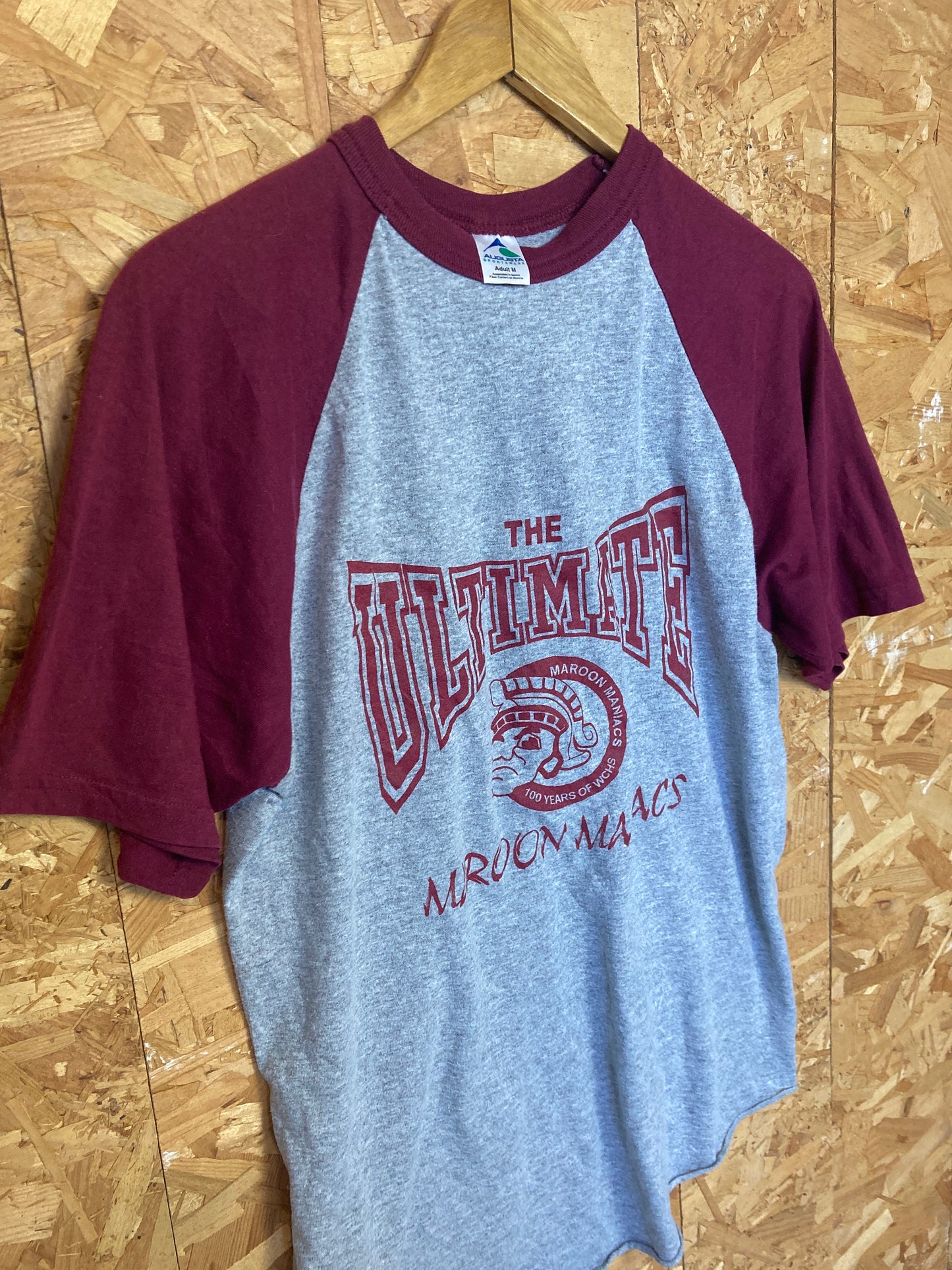 Vintage 90s Snazzy Jazzy ‘14 maroon maniacs USA souvenir college grey burgundy baseball t shirt size medium