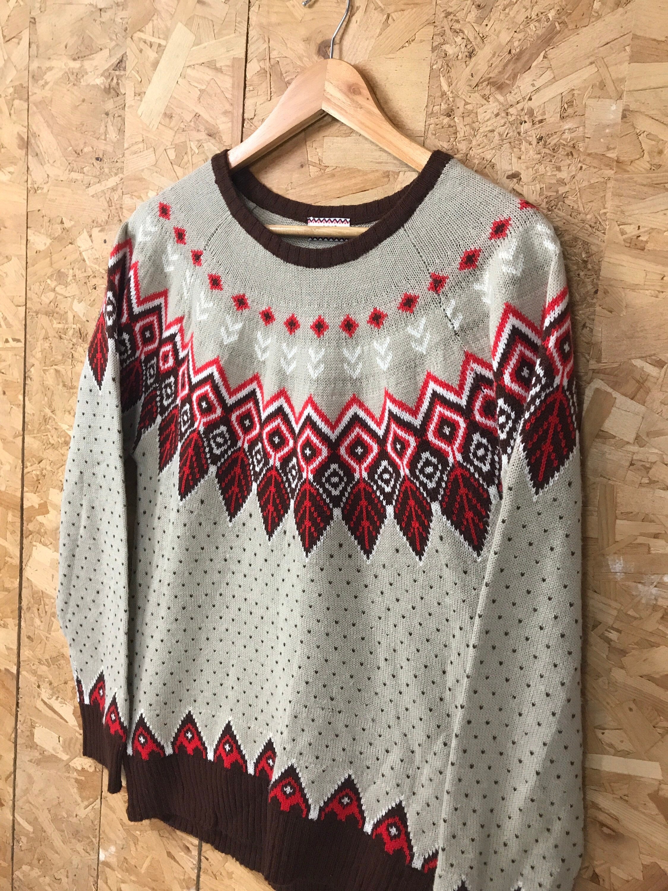 Vintage 80s multi colour Nordic style fair isle beige red brown knitted unisex sweater size large