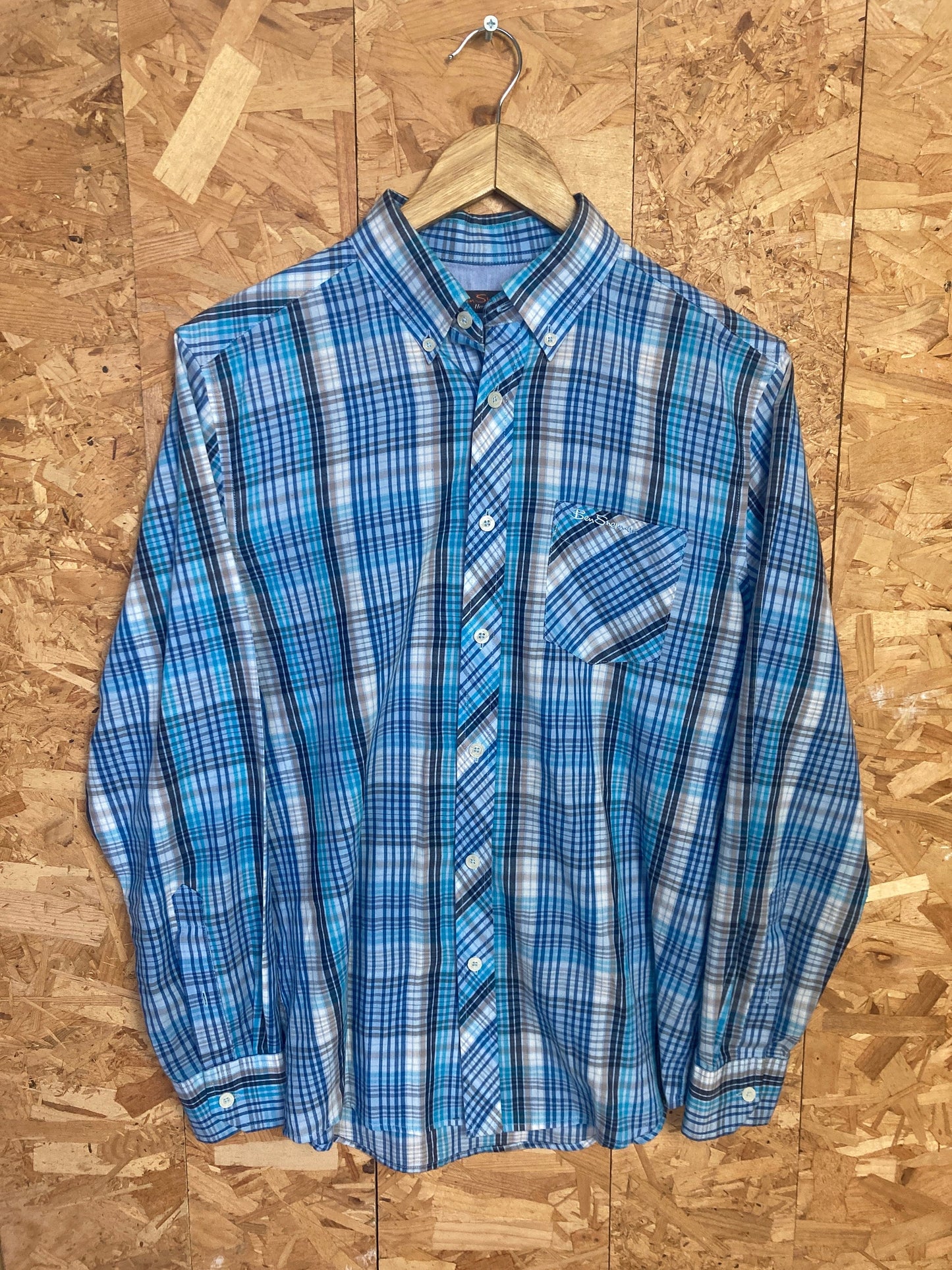 Vintage Ben Sherman light blue navy tablecloth check long sleeve Mod skinhead retro punk button down