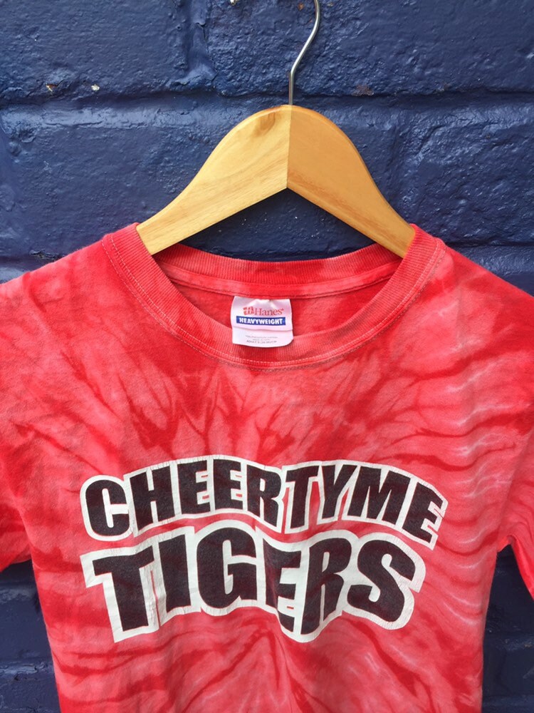 Vintage 90s tie dye red pink Cheertyme Tigers USA college psychedelic rave t-shirt size small