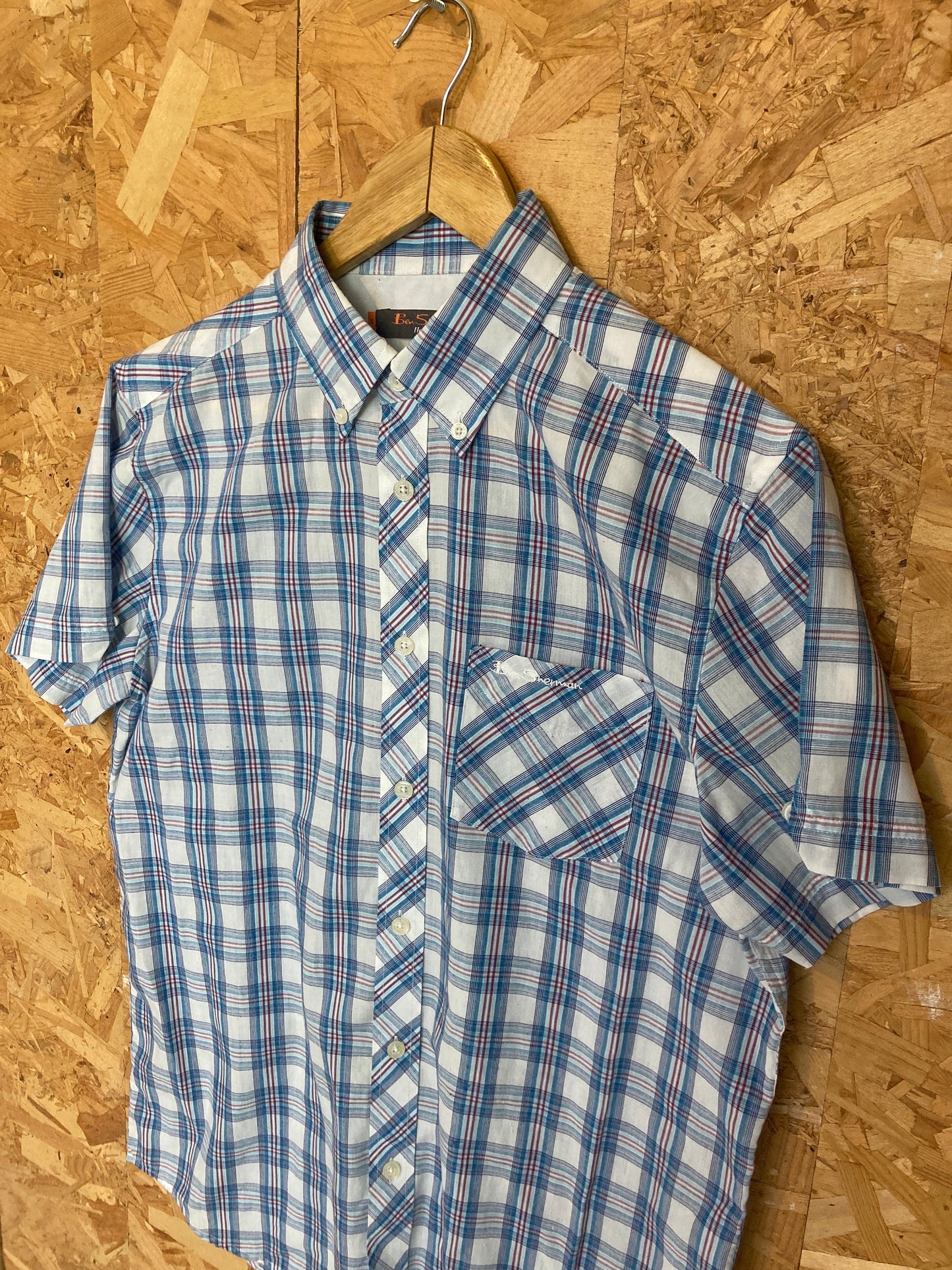 Vintage Ben Sherman light blue red white tablecloth fine check short sleeve Mod skinhead retro punk size small