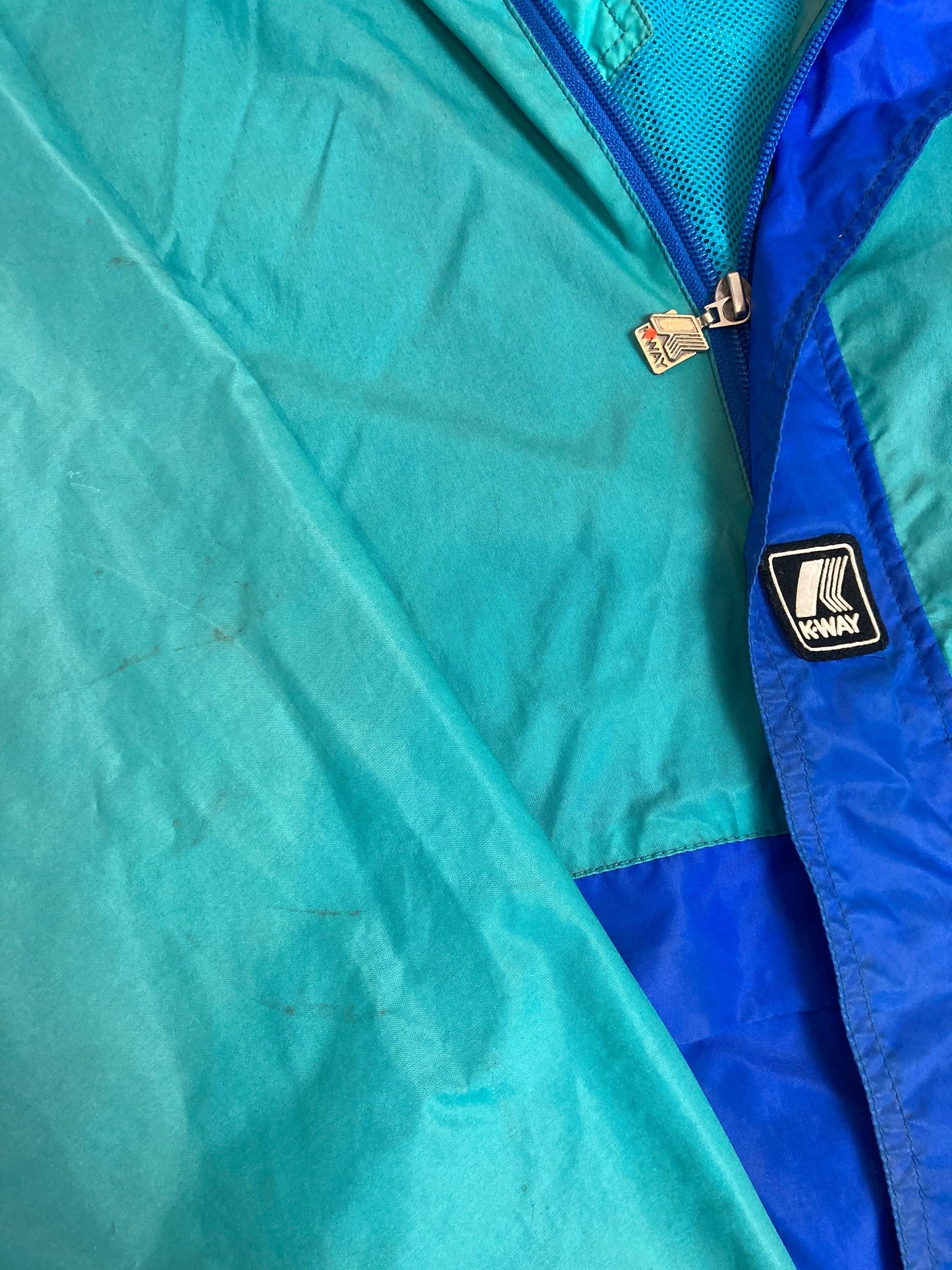 Vintage 90s K-Way blue green raincoat windbreaker waterproof rain jacket size large