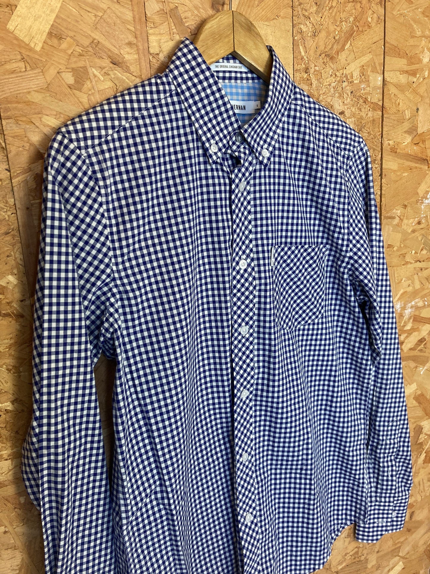 Vintage Ben Sherman navy blue gingham check long sleeve Mod skinhead retro punk shirt size small