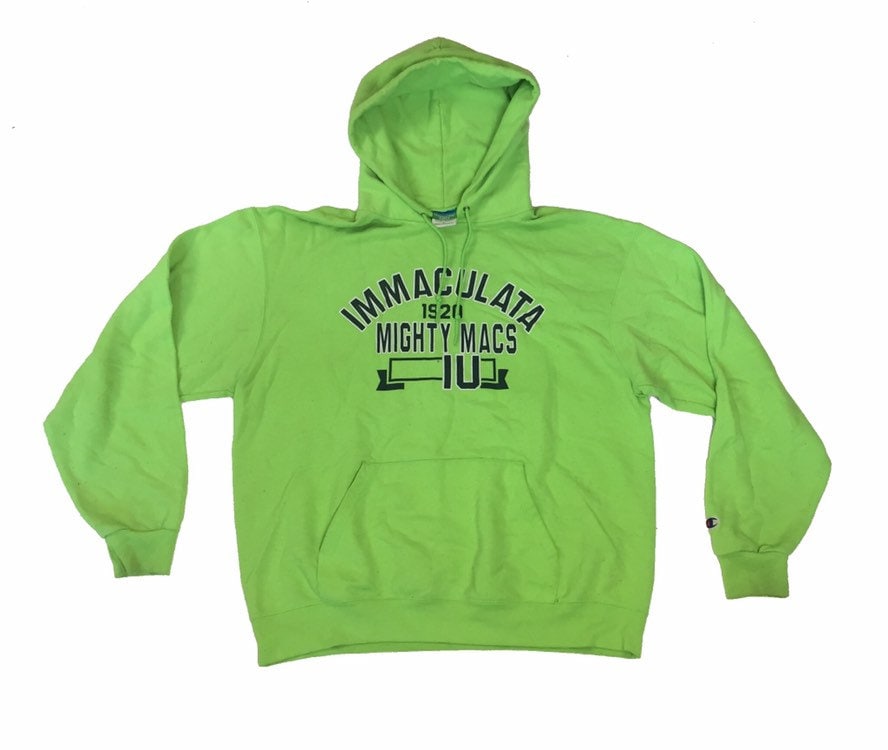 Vintage 90s Champion USA Immaculata Mighty Mac’s Varsity  college hoodie lime green & blue spellout