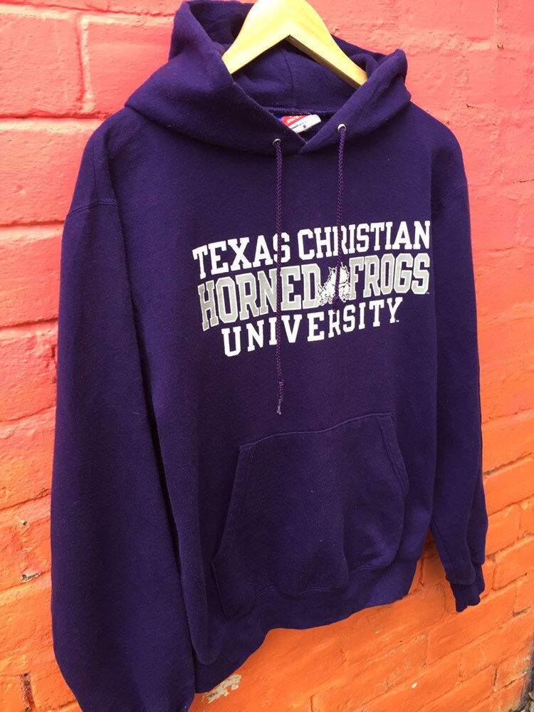 Vintage 90s Champion USA Texas Christian Horner frogs university hoodie purple white embroidered spellout size small