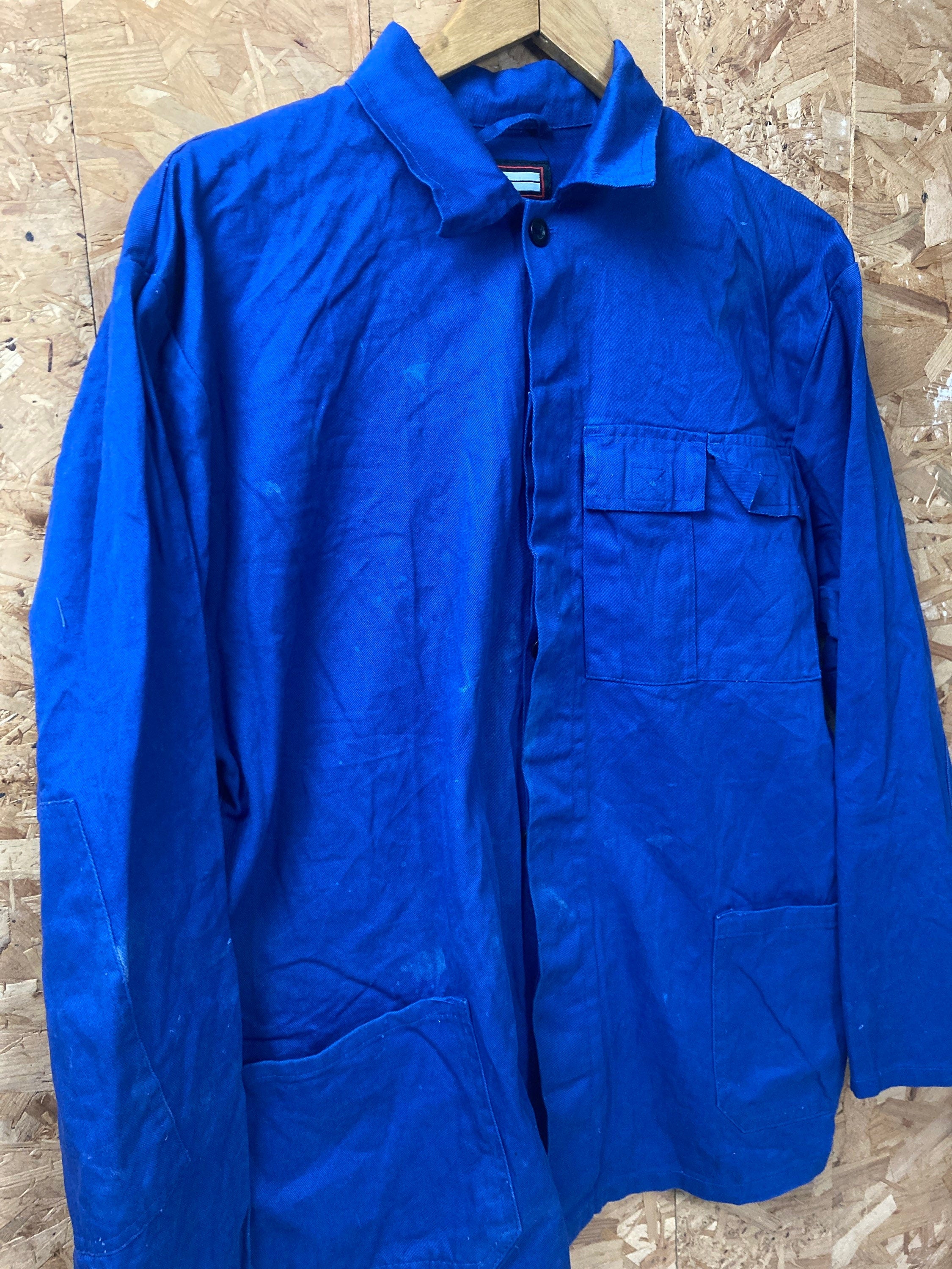Vintage 90s French / Eastern Europe mid cobalt blue workers chore button jacket sanforized cotton drill distressed size large