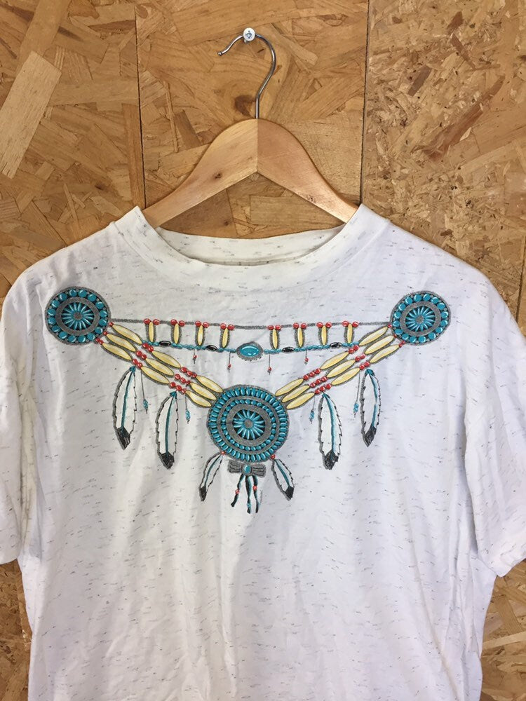 Vintage 90s USA Souvenir Native American costume style decoration white grey fleck t-shirt size XL