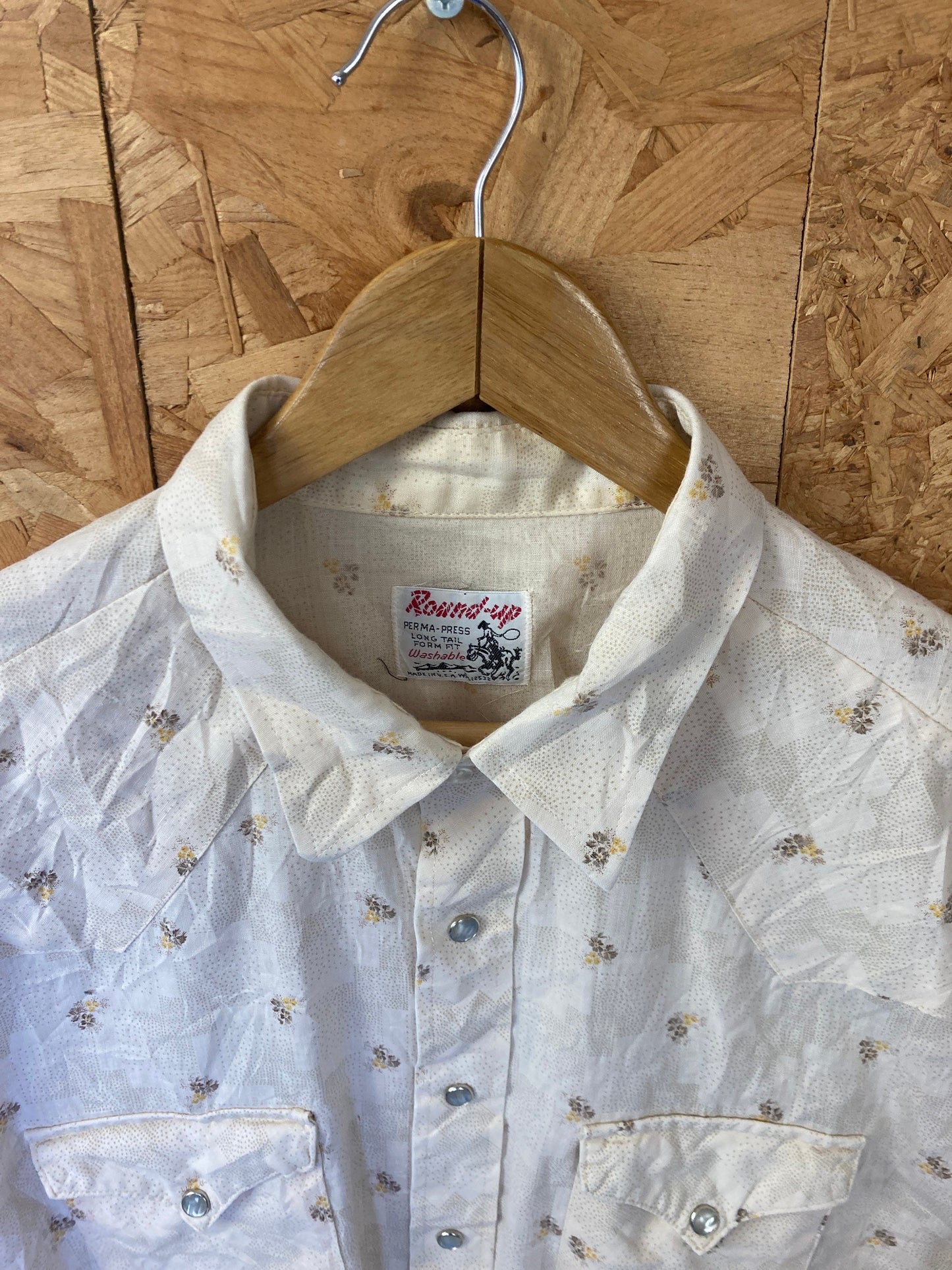 Vintage 80s beige muted pattern western cowboy pearl snap button shirt size large