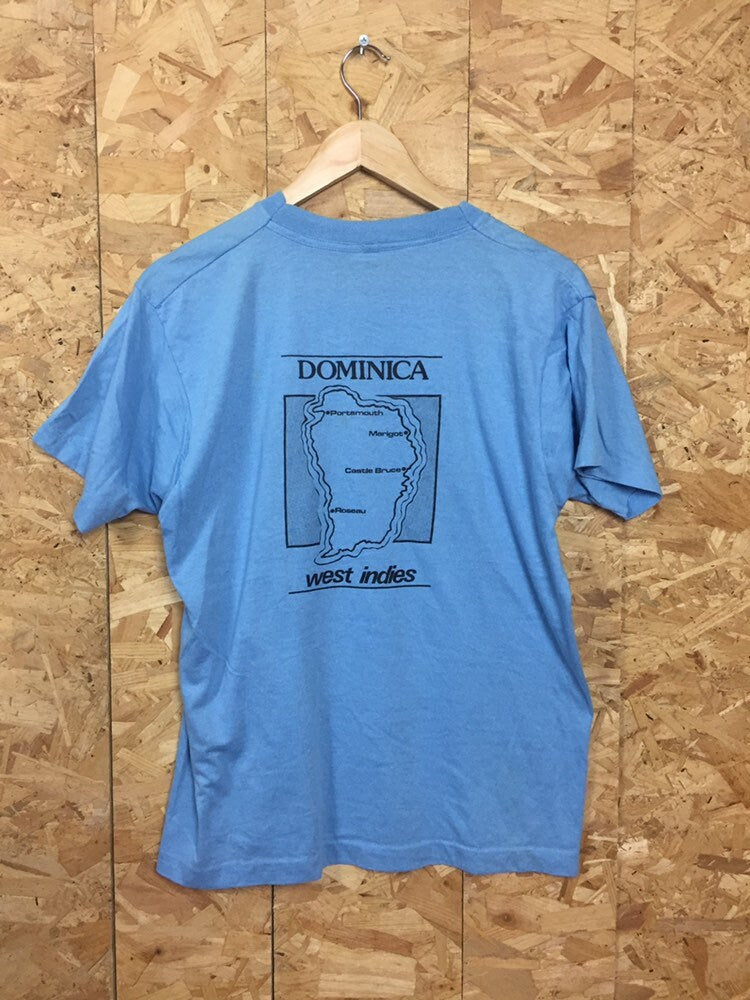 Vintage 80s funny religious quote James 2: 14-17 ask me about Dominica light blue t-shirt size large