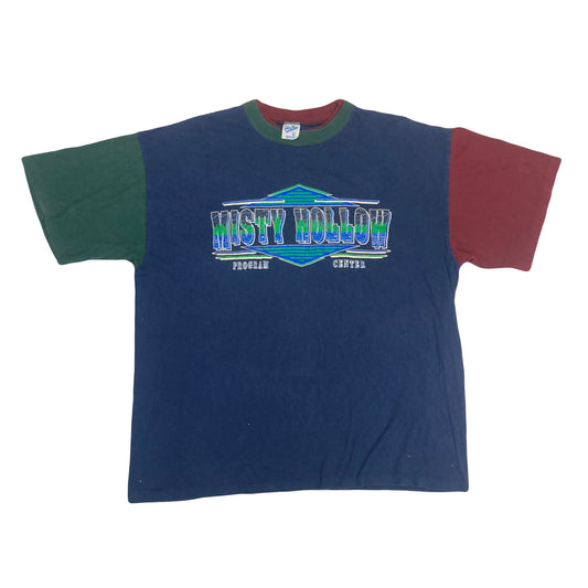 Vintage 80s Misty Hollow Program Center USA souvenir navy blue red green t-shirt size XL