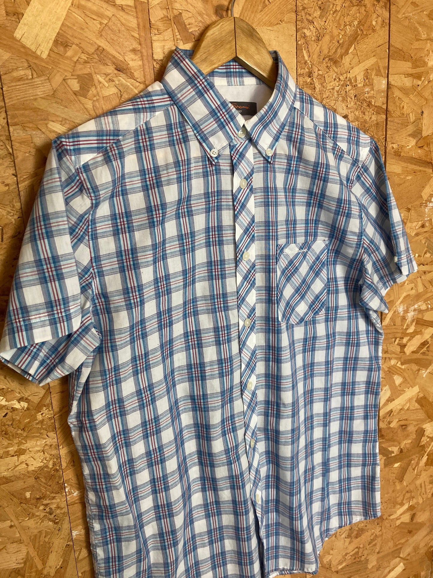 Vintage Ben Sherman light blue red white tablecloth fine check short sleeve Mod skinhead retro punk size small