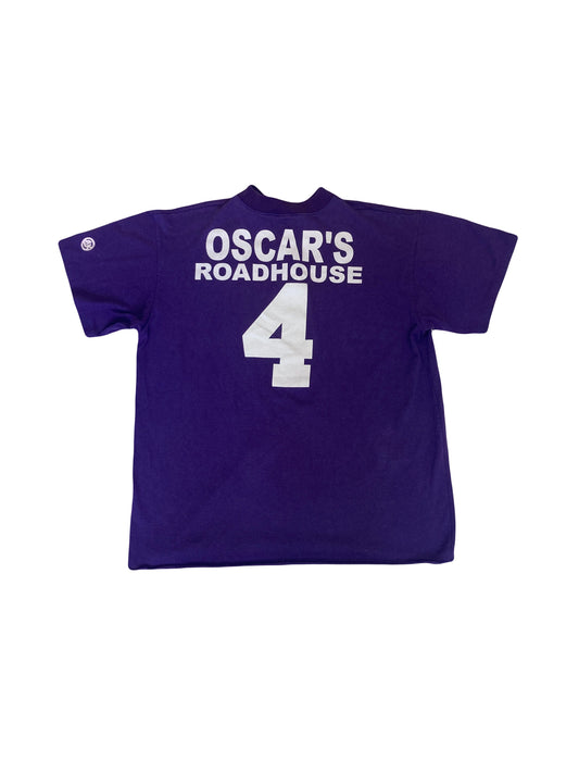 Vintage 90s Oscars Roadhouse Ontario souvenir workers purple 3 button t-shirt size large