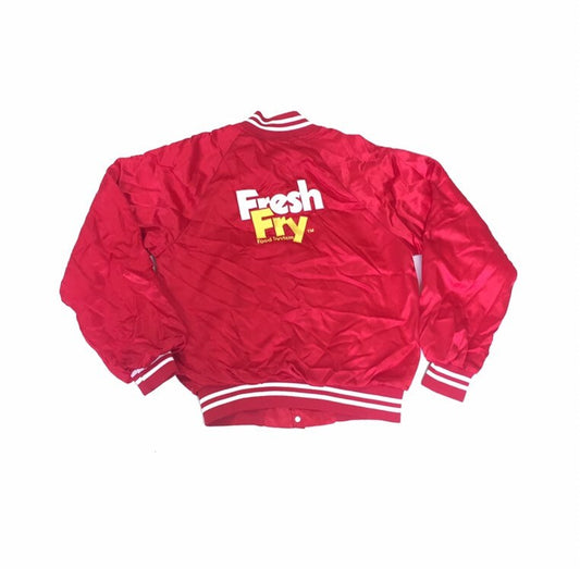 Vintage 80s USA workwear college varsity satin lettterman style Fresh Fry red jacket size medium