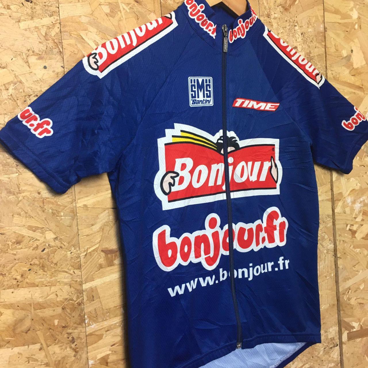 Vintage 90's French Bonjour Santini Cycle Jersey Blue Red Size UK S