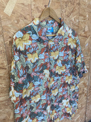Vintage 80s yellow orange green hibiscus floral palm Hawaiian party beach rayon shirt size XL
