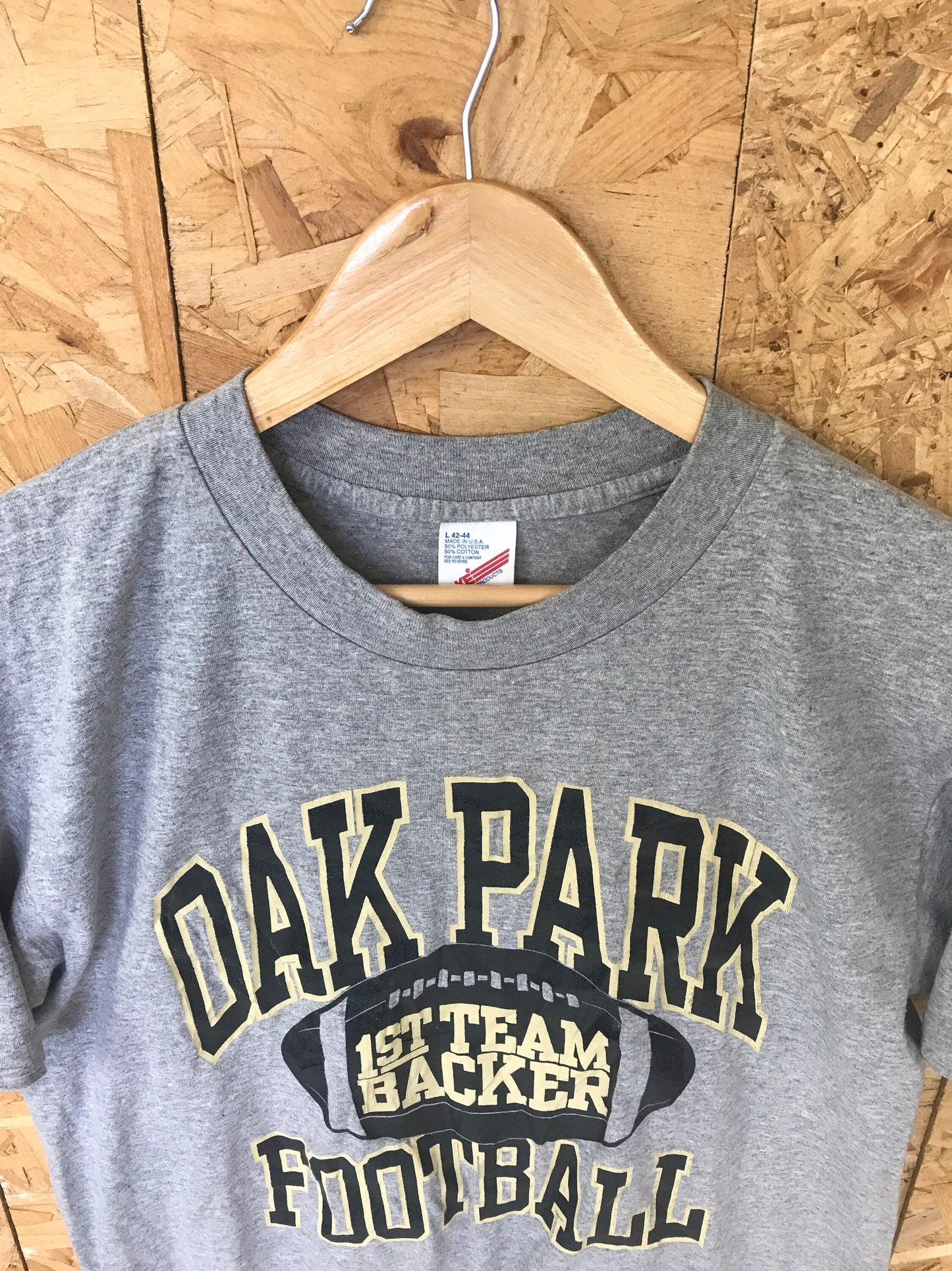 Vintage 90s USA college Oak Park Football 1st team backer souvenir grey t-shirt size large