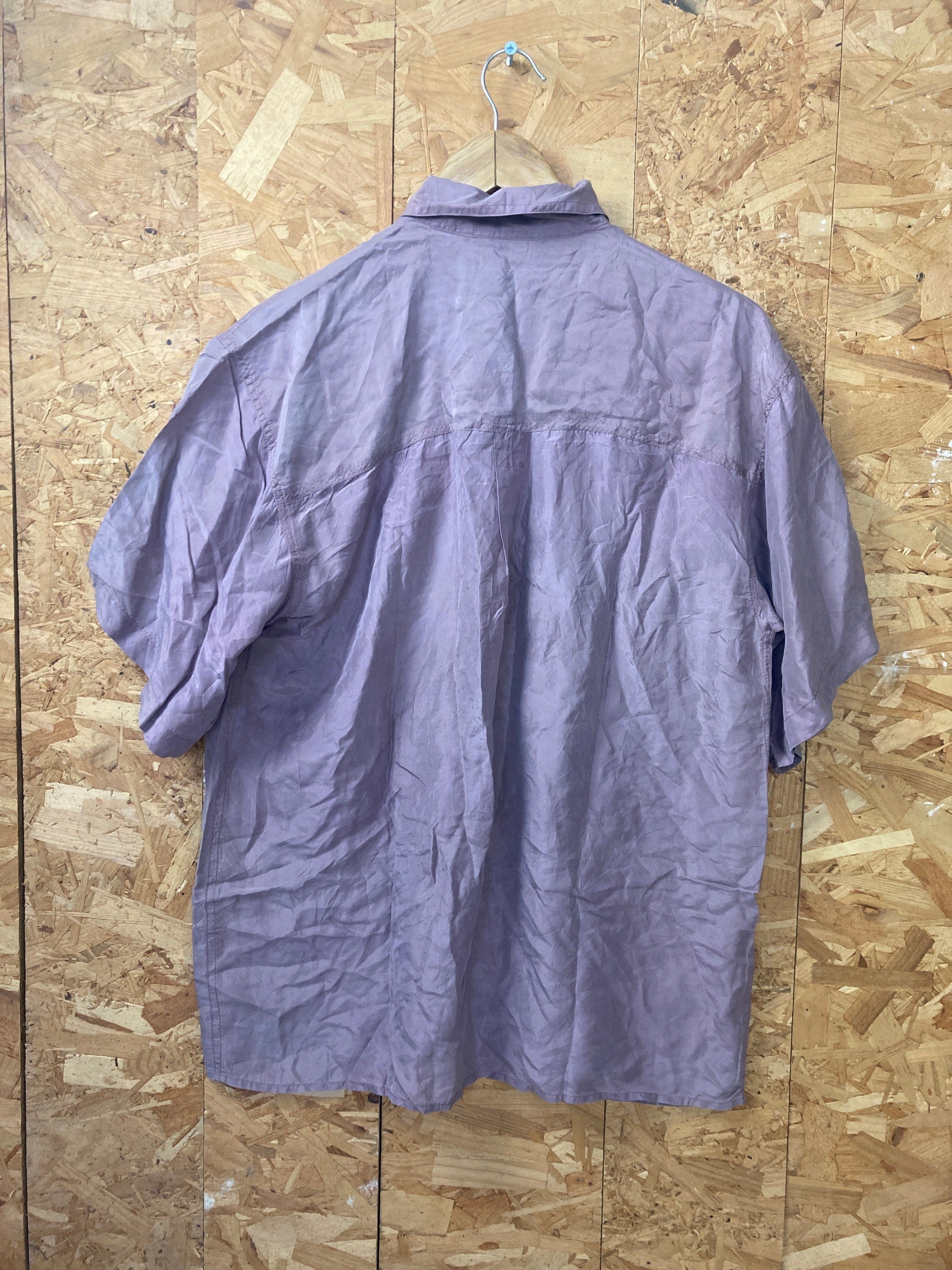 Vintage 90s muted mauve dusky rose pure silk short sleeve oversized mens shirt size small