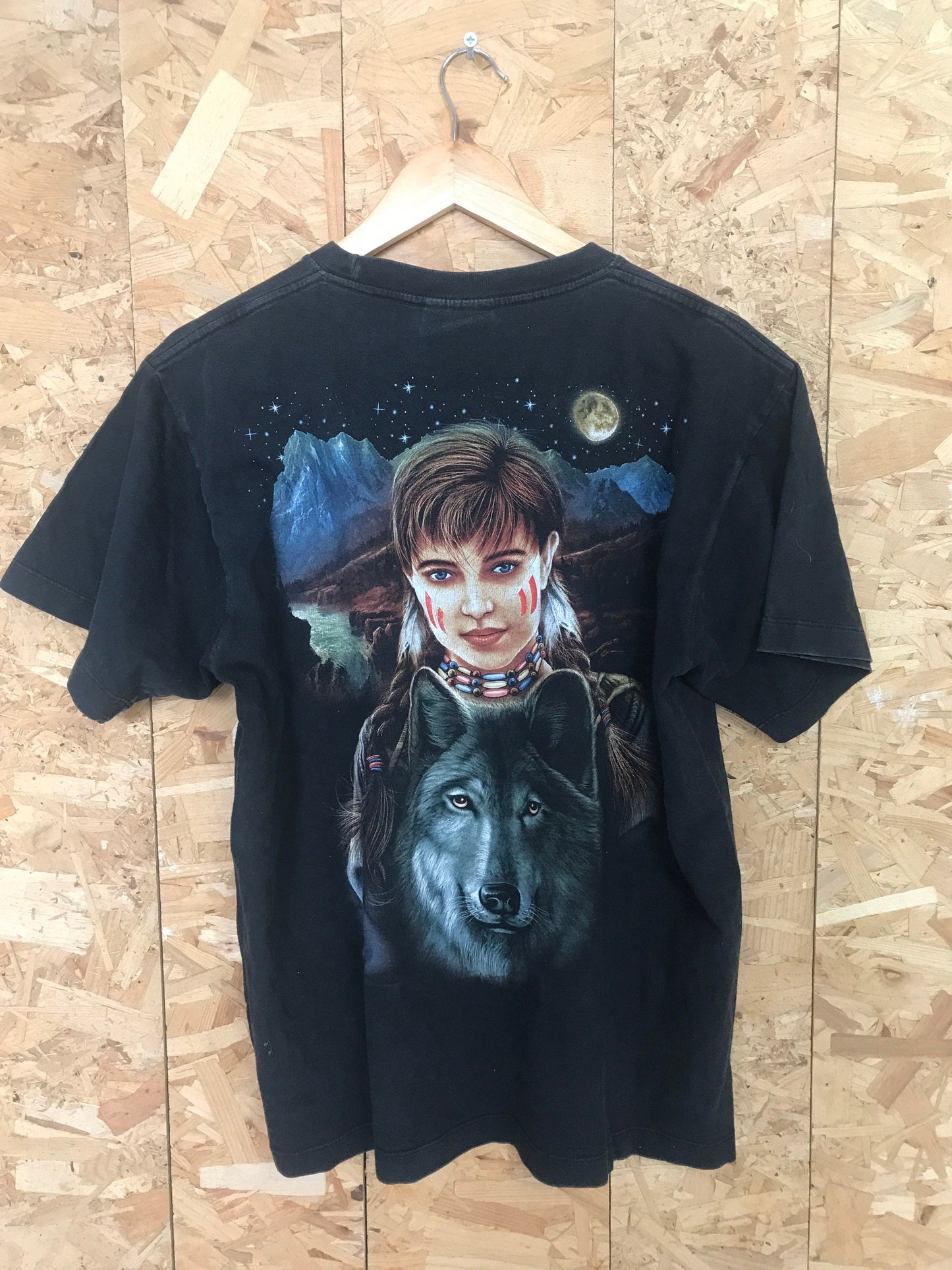 Vintage moon child & wolf animal nature scene black t-shirt size large