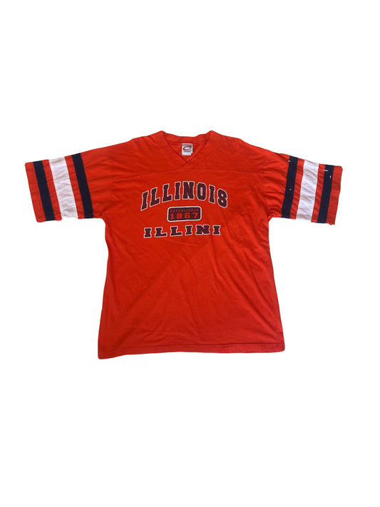 Vintage 90s orange Chicago Illinois Illini USA orange baseball varsity v-neck t-shirt size XL