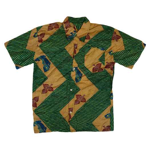 Vintage 90s African fabric tailored dagger collar shirt autumnal colours & leafy - size small