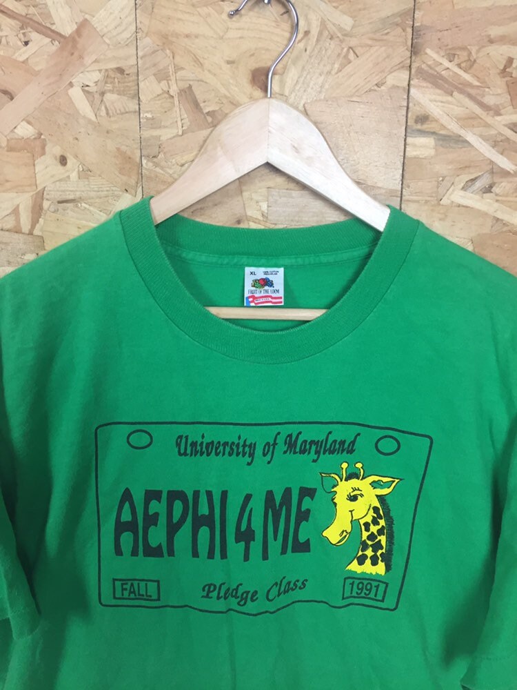 Vintage 1991 USA university of Maryland pledge class giraffe AEPHI4ME green t-shirt size XL