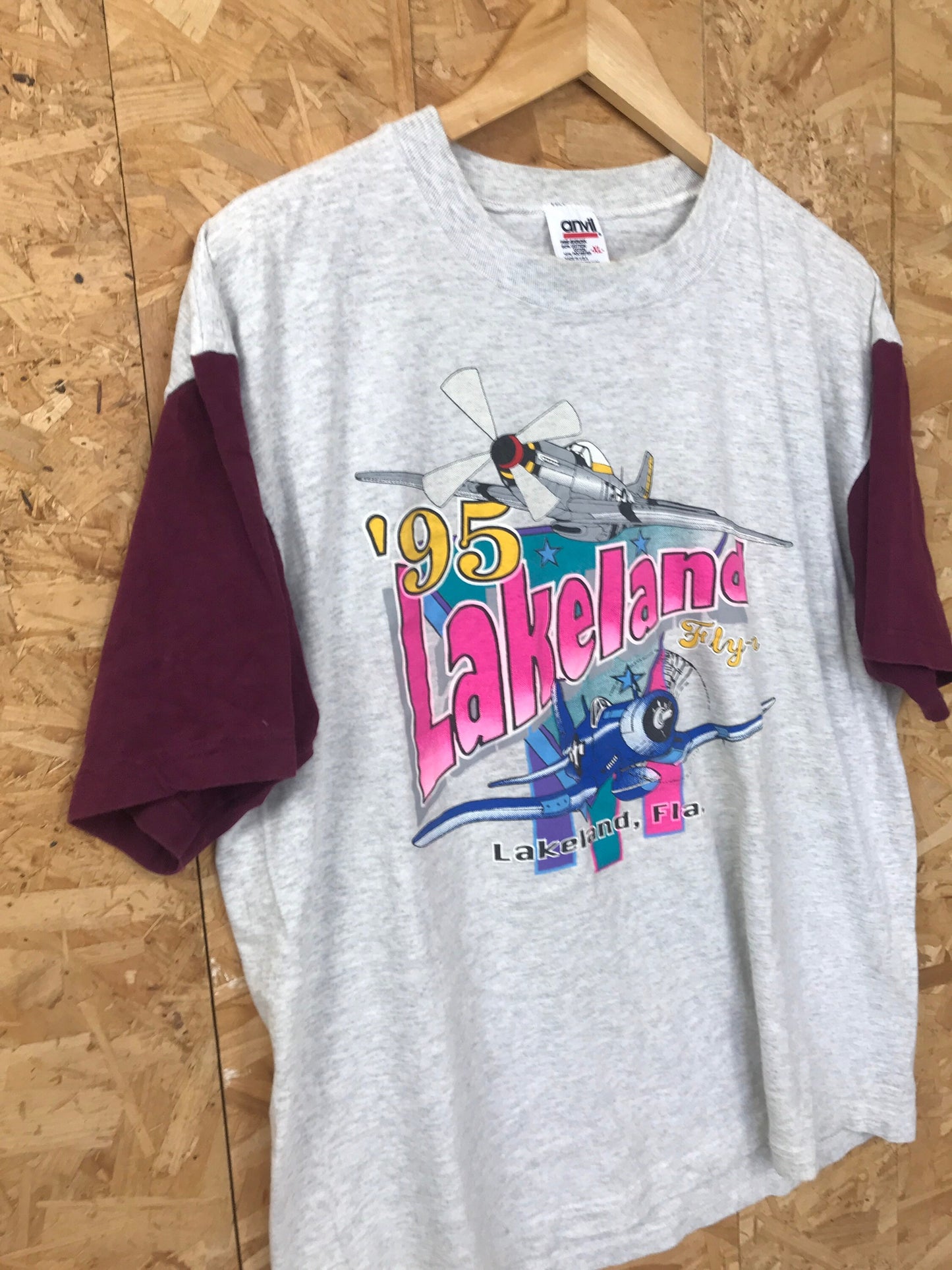 Vintage 95 Lakeland Fly-In aeronautical festival USA souvenir grey marl & dark red t shirt size XL