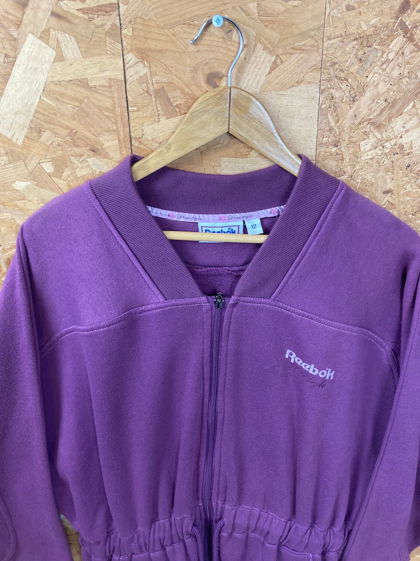 Vintage 90s Reebok Freestyle drawstring waist aerobics style purple track top sweater size 12 medium