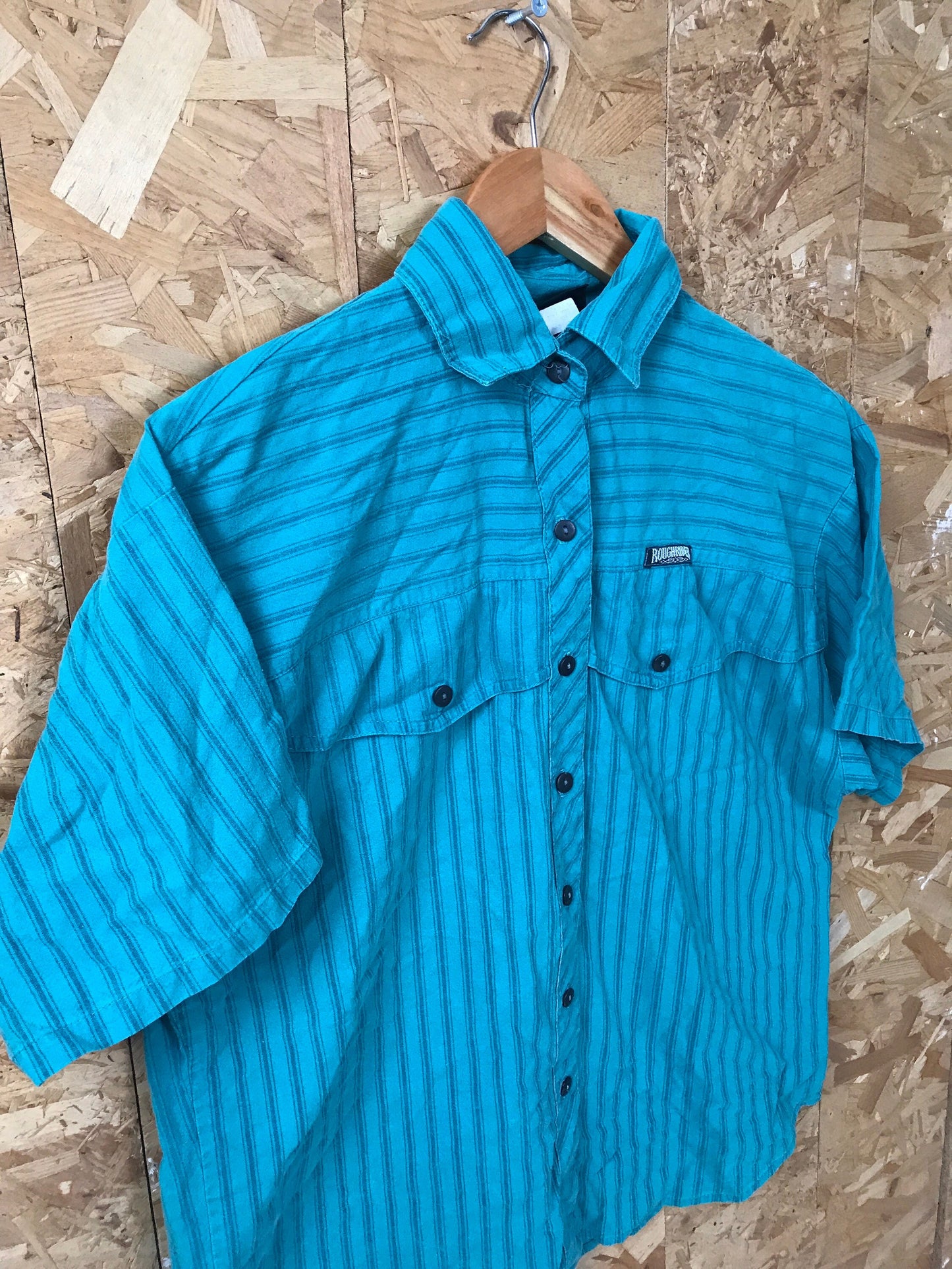 Vintage 90s turquoise green blue stripe twin pocket cowboy western short sleeve shirt by Roughrider