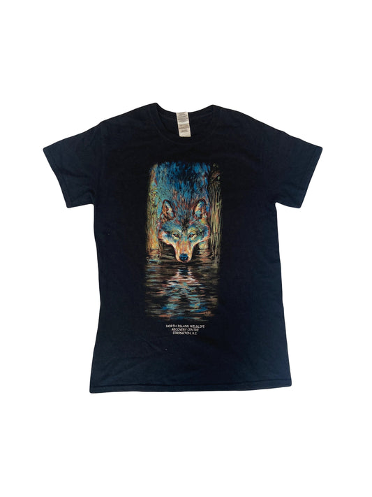 Vintage 90s North Island Recovery Wolf reflection gouache pastel artwork print black souvenir t-shirt size small