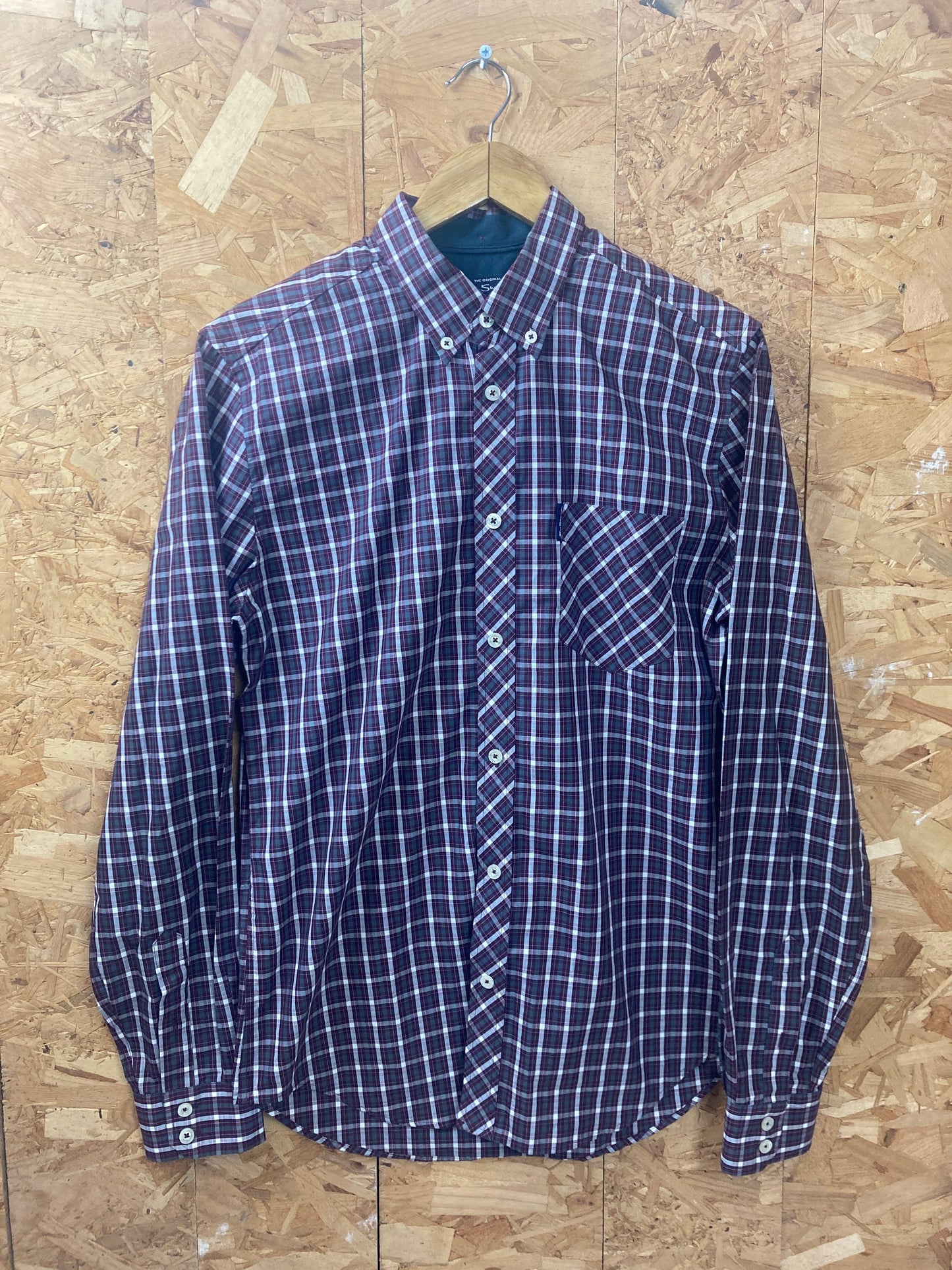 Vintage Ben Sherman burgundy dark red gingham check long sleeve Mod skinhead retro punk shirt size small