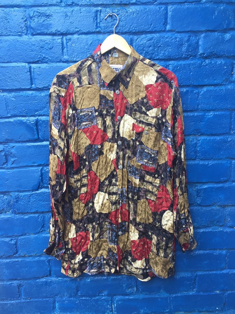 Vintage 90s ugly abstract scrapbook pattern shiny gold red blue party festival long sleeve silky viscose shirt size medium