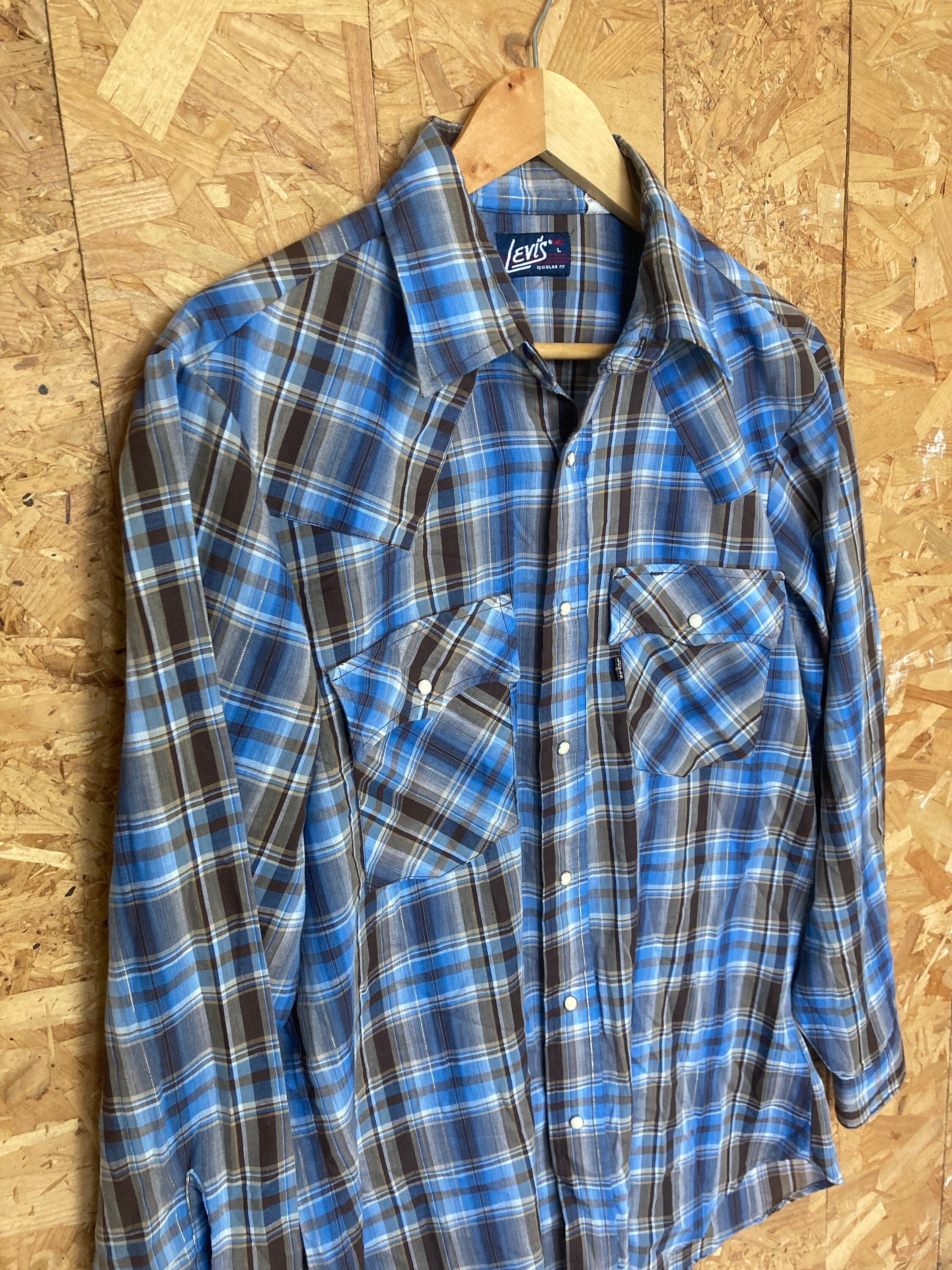 Vintage 80s Levis beige blue brown cotton check plaid western cowboy rancher shirt size large