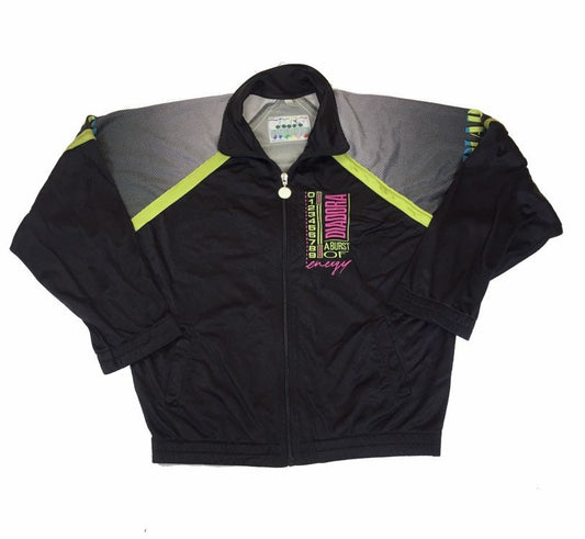 Vintage 90s Diadora fluorescent green pink grey dots & black retro track zip jacket size 38 medium