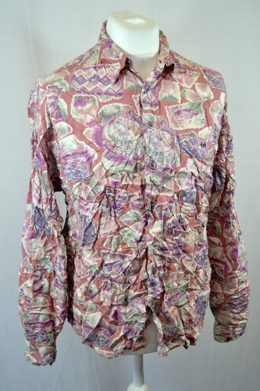 Vintage 90s Pastel pink green abstract Watercolour Print long sleeve rayon party eccentric shirt size XL