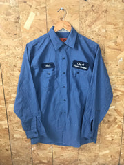 Vintage 80s USA distressed blue chore workwear workers shirt Nick city of punta gorda name badge By Redkap size medium