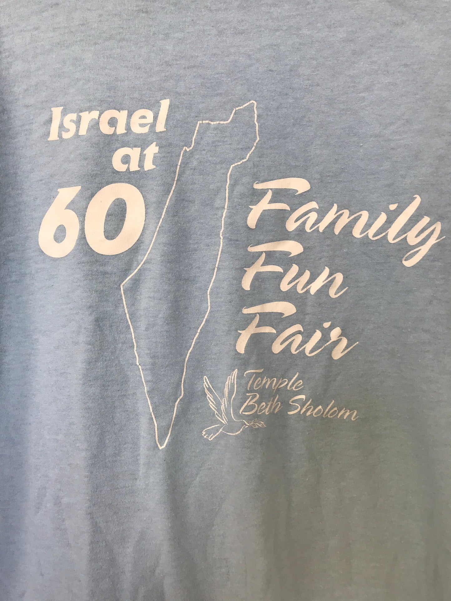 Vintage Y2K Israel at 60 Family Fan Fair pale blue souvenir quirky religious USA t-shirt size XL