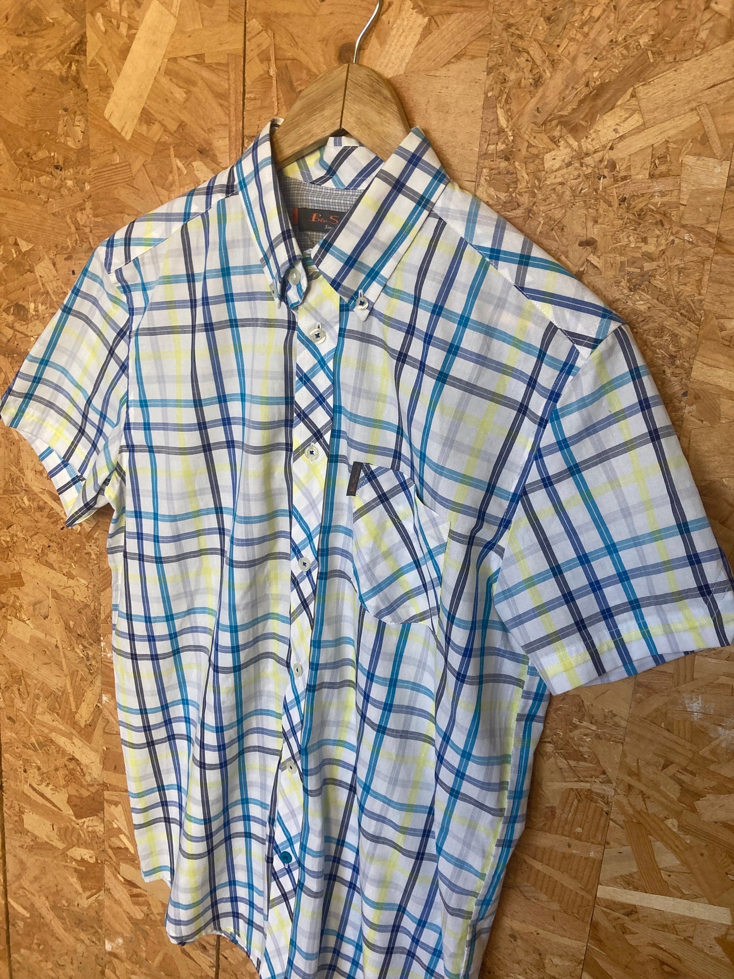 Vintage Ben Sherman light blue yellow white tablecloth fine check short sleeve Mod skinhead retro punk size small