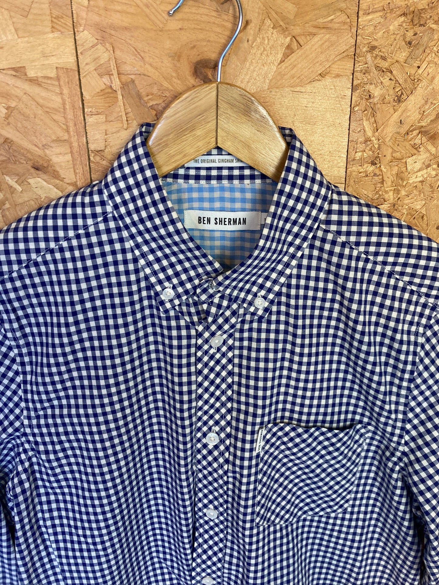 Vintage Ben Sherman navy blue gingham check long sleeve Mod skinhead retro punk shirt size small