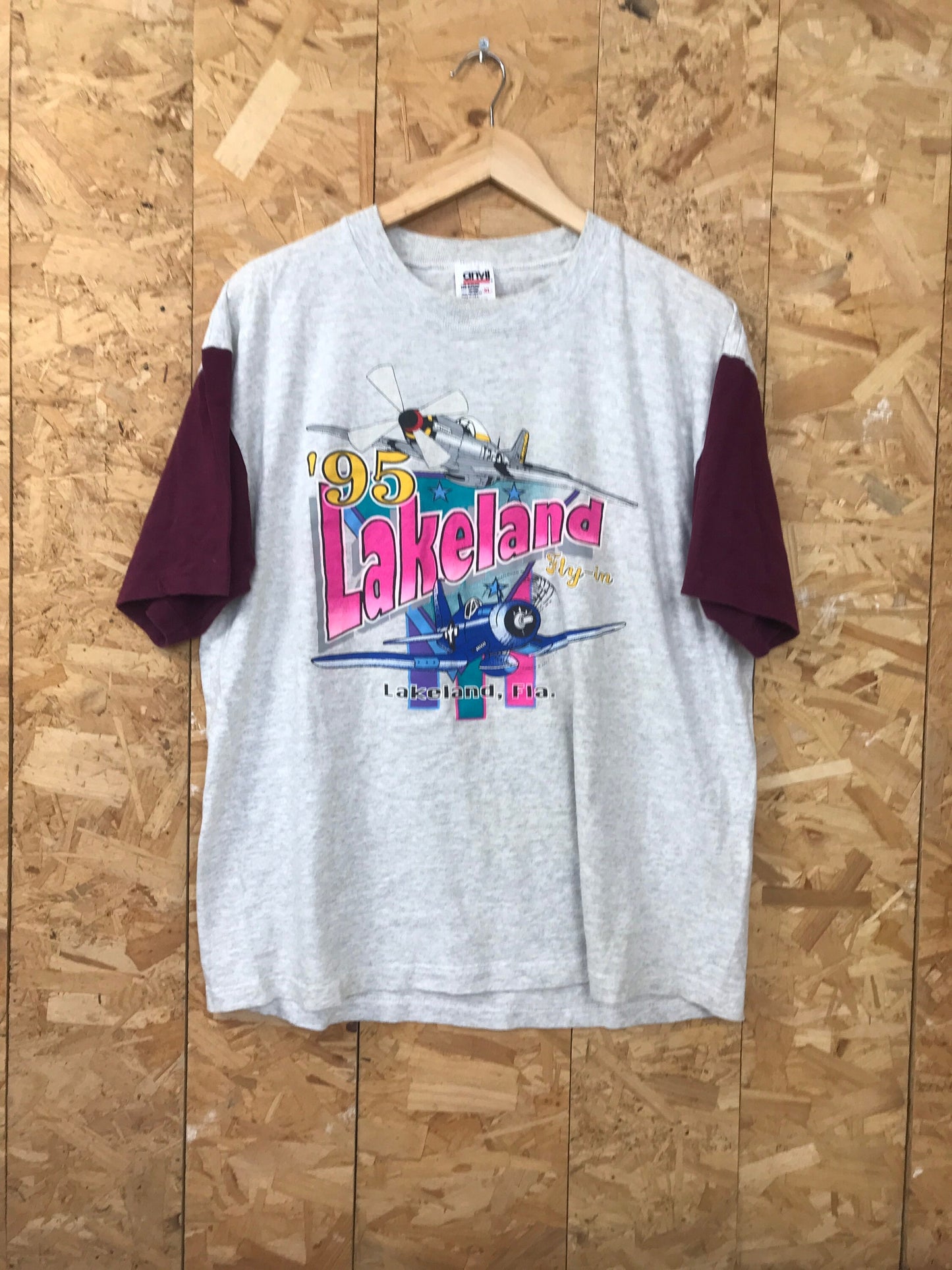 Vintage 95 Lakeland Fly-In aeronautical festival USA souvenir grey marl & dark red t shirt size XL