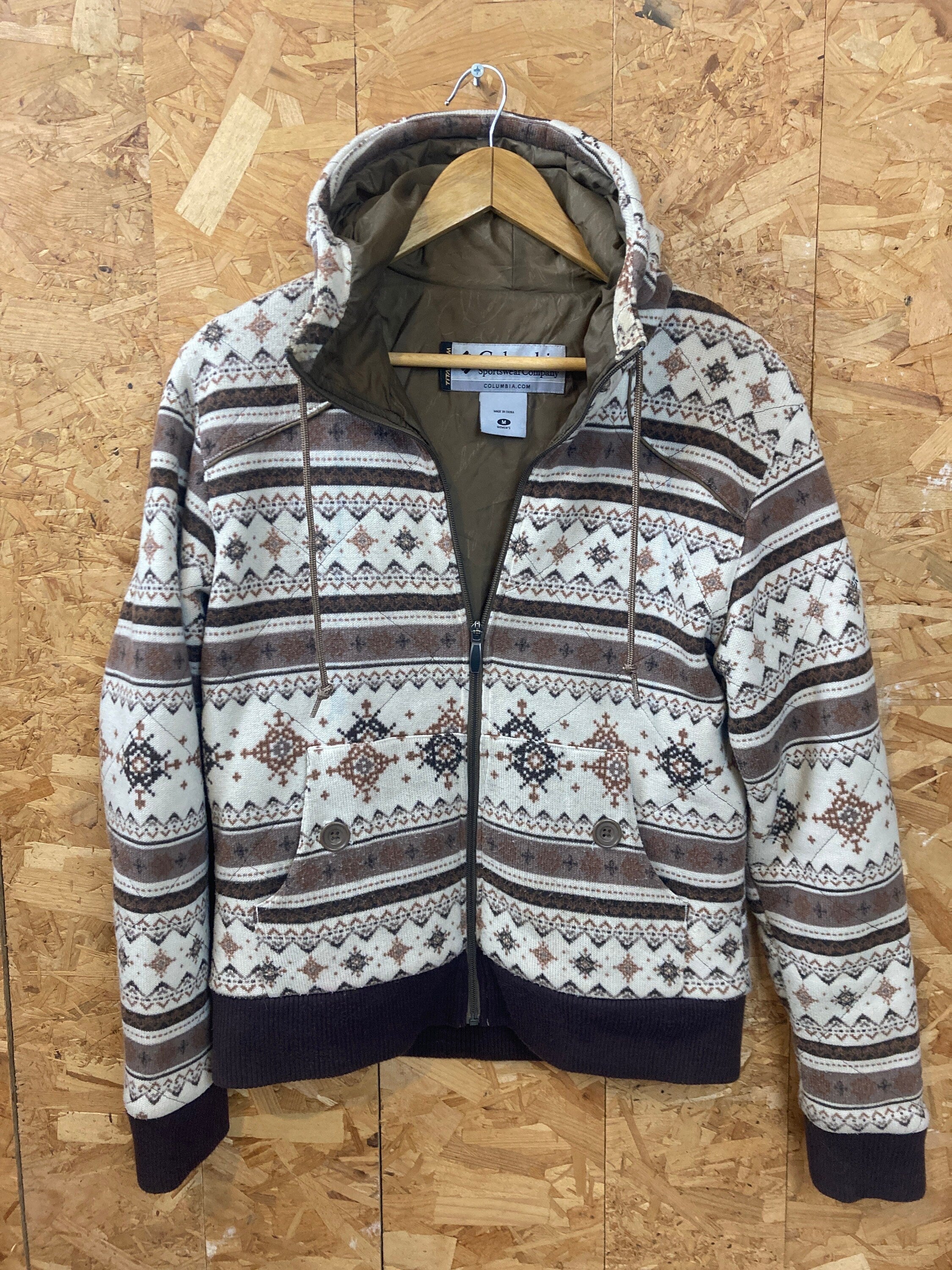 Vintage Y2K Columbia Nordic Icelandic ski pattern fine knit hooded zip cardigan size medium