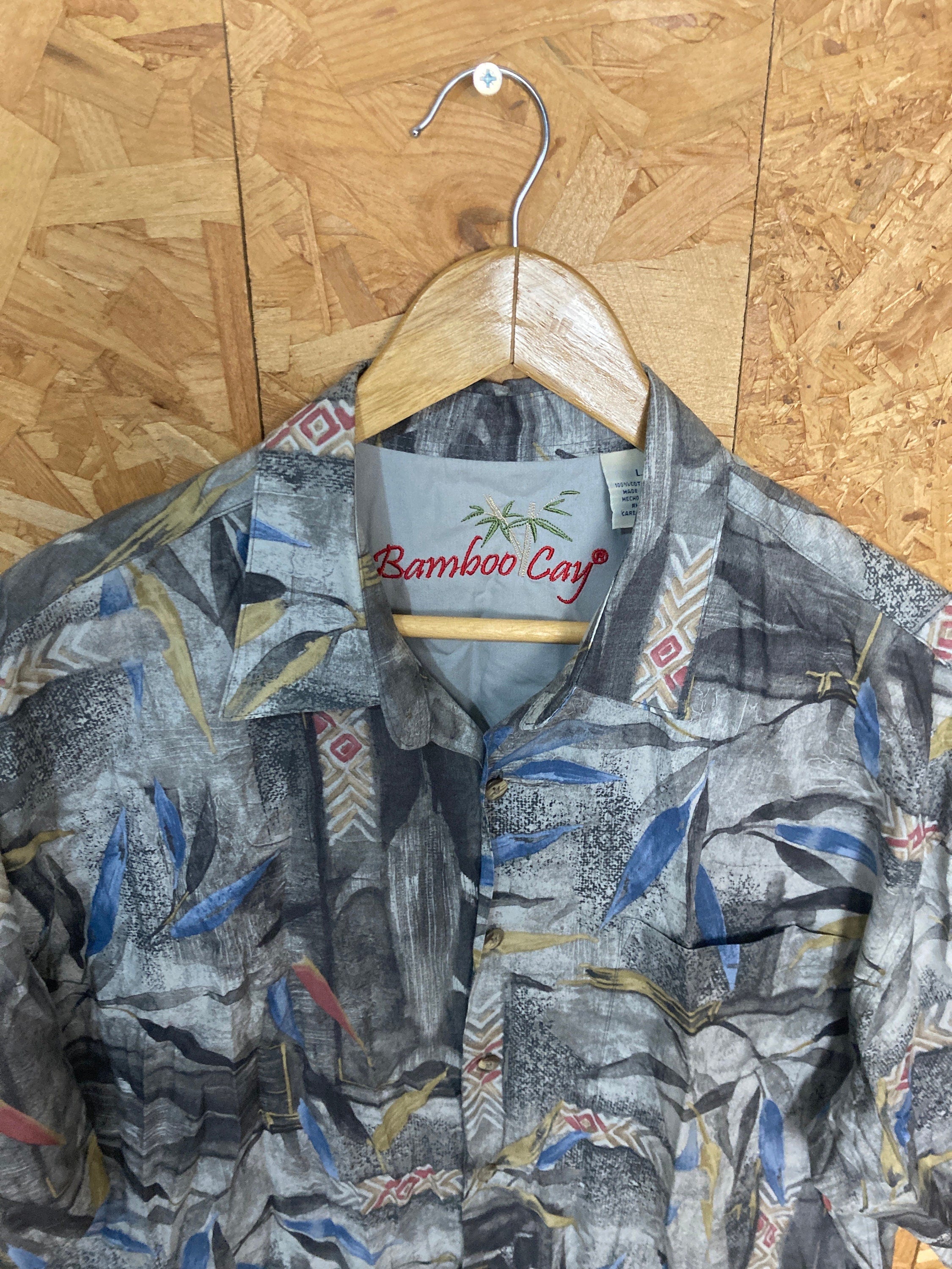 Vintage 90s abstract blue grey tropical floral surf hawaiian party beach cotton shirt size large by Bamboo Cay
