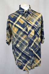 Vintage 90s beige navy blue Wavy Ugly Check Pattern Abstract Print Shirt size XL