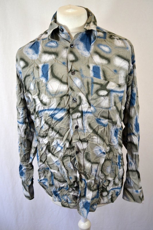 Vintage 90&#39;s grey blue Psychedelic wavy  Pattern long sleeve viscose Shirt size large