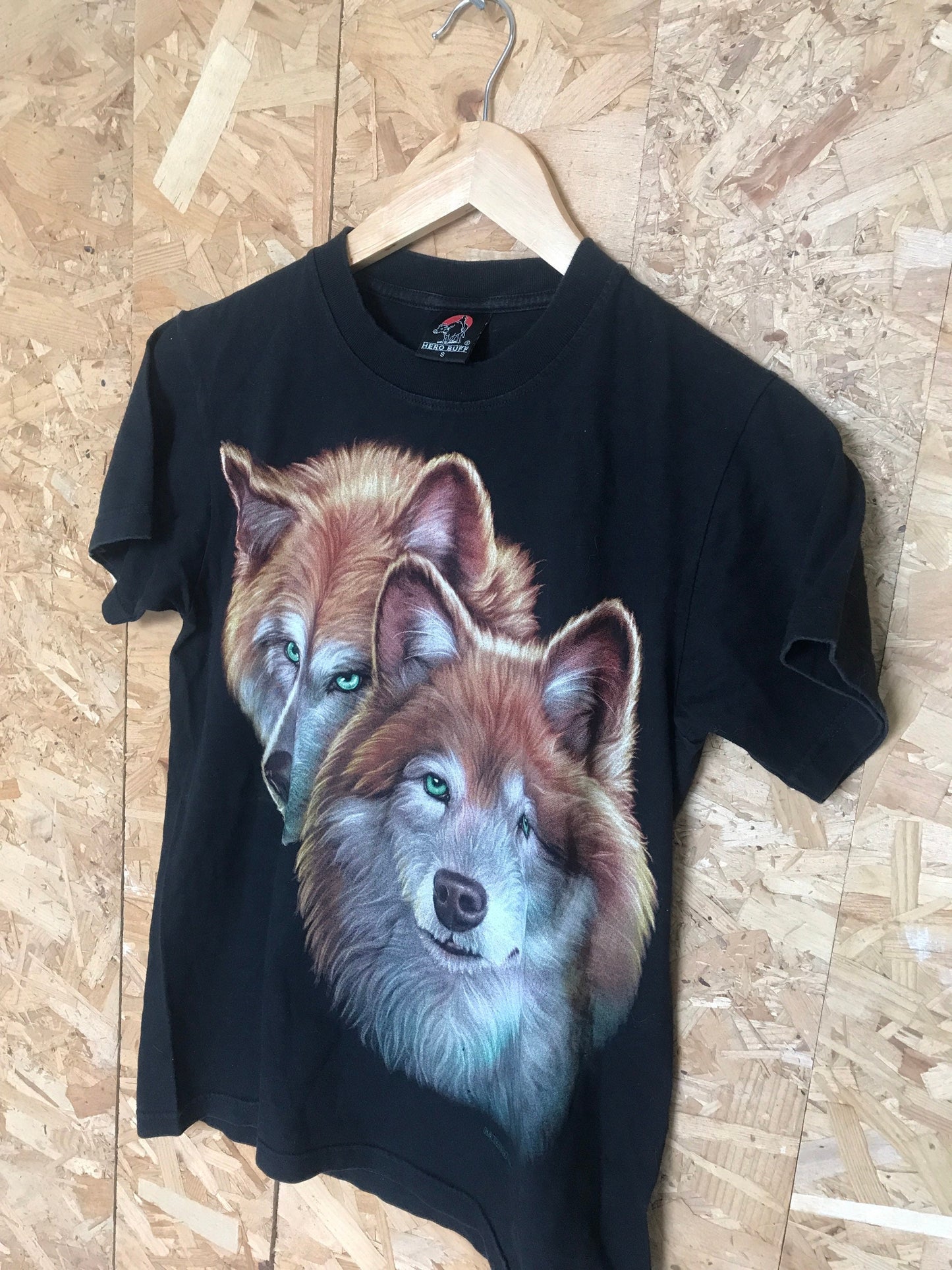 Vintage Wolf pups animal printed nature scene black t-shirt size small