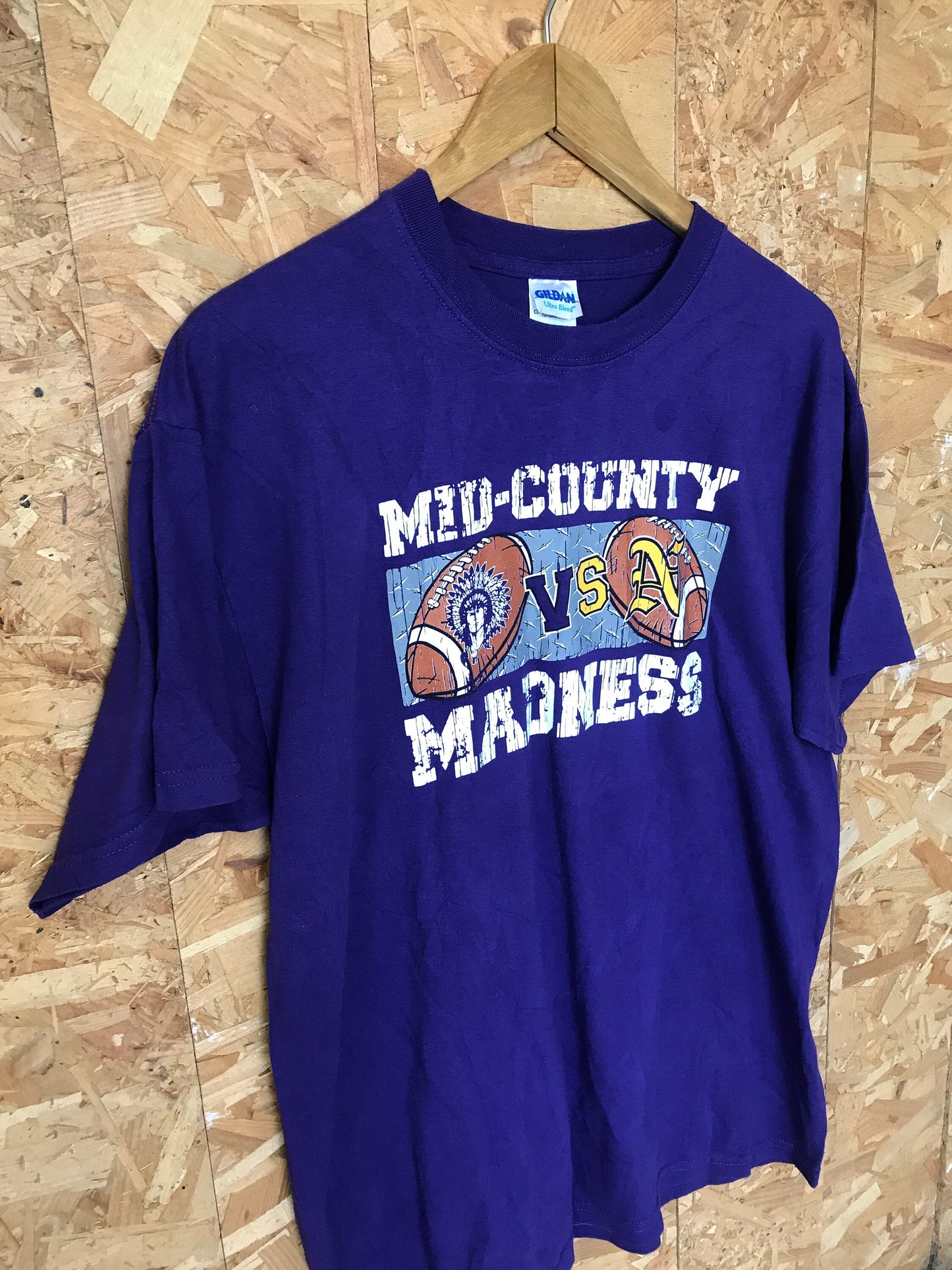 Vintage 90s Texas College Football Midcounty Madness Indians v Bulldogs purple t-shirt size large