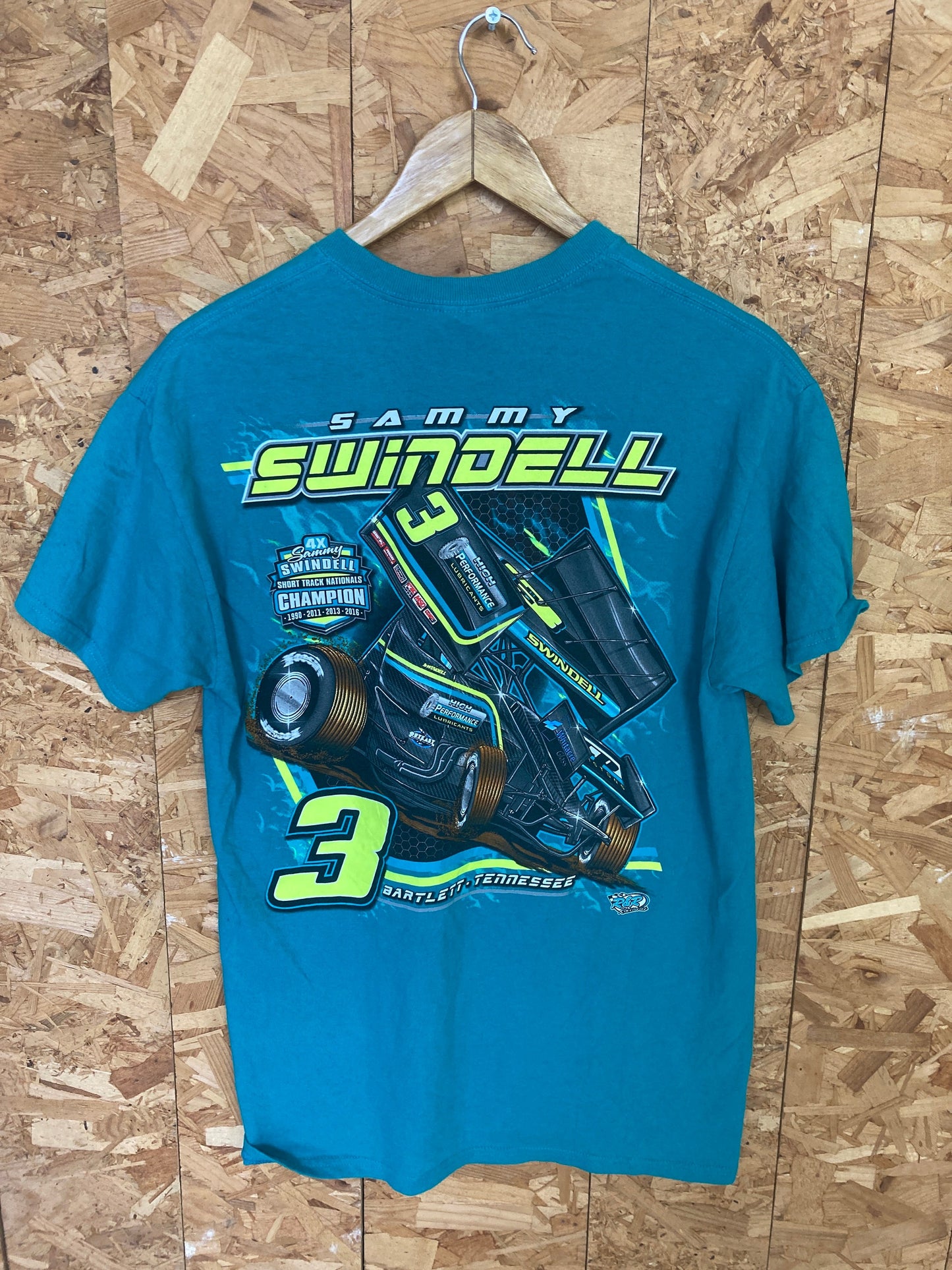 Vintage Y2K nascar racing Sammy Swindle outlaw race souvenir turquoise t-shirt size medium