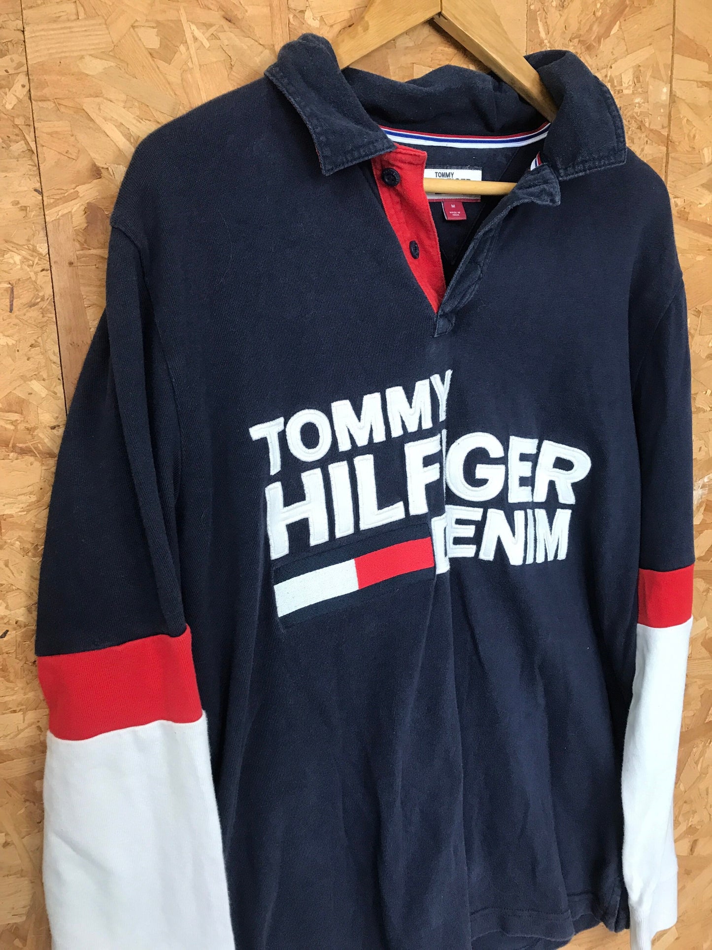 Vintage Y2K Tommy Hilfiger Spell out navy blue white long sleeve polo shirt/sweater size medium