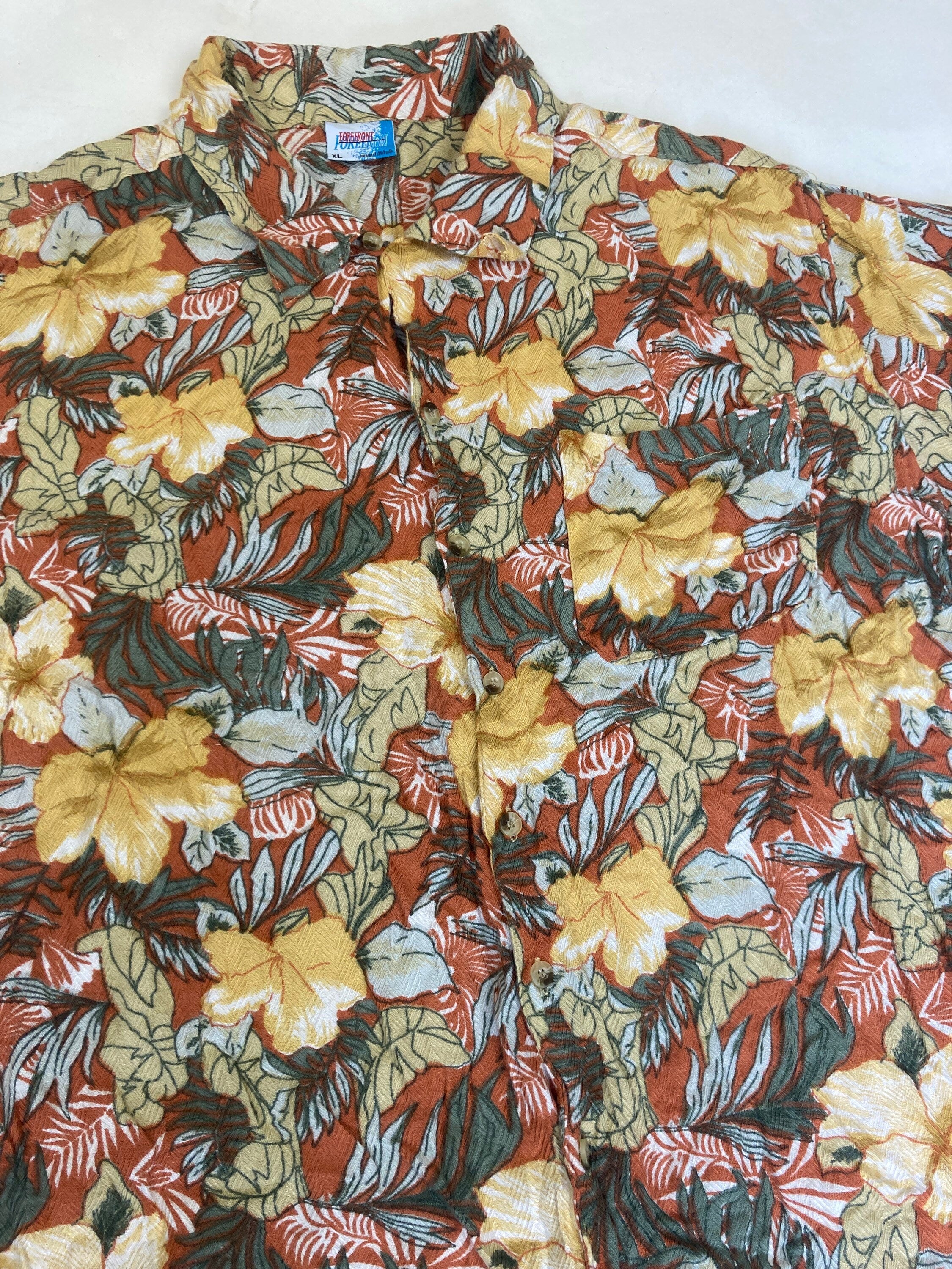 Vintage 80s yellow orange green hibiscus floral palm Hawaiian party beach rayon shirt size XL